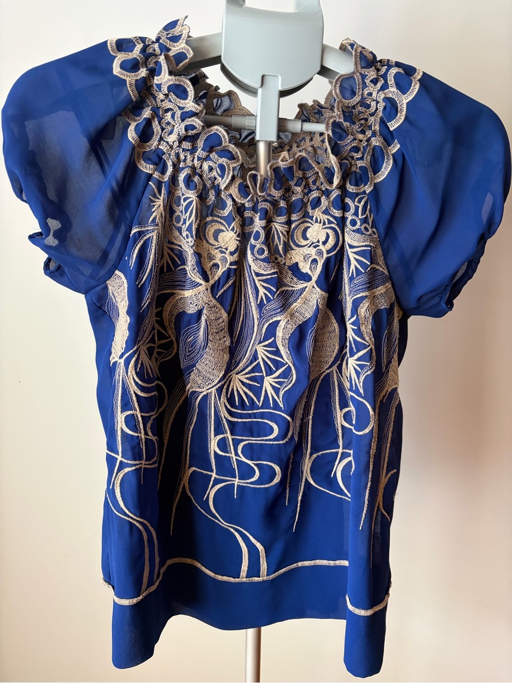 Hazel Blue Blouse with Intricate Cream Embroidery
